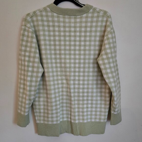 Women's Joie Green / White Checkered Cardigan Small Preppy Office Gold Buttons - Picture 3 of 6